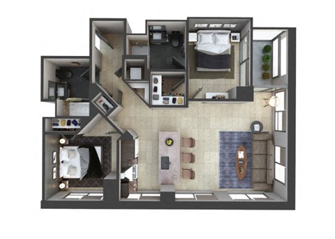 Floor plan for 2 beds, 2 baths, 987 sqft